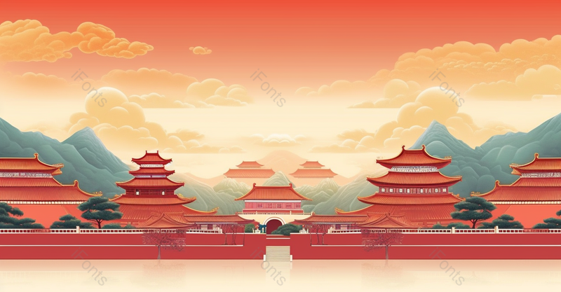 远景城墙宫殿红色渐变大气国潮风插画故宫远山祥云,插画/手绘图,插画/手绘图库,插画/手绘图下载,插画/手绘